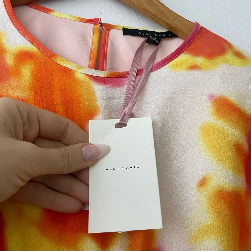 Alex Marie Riley watercolor long sleeve satin tie waist belted dress - Picture 5 of 8